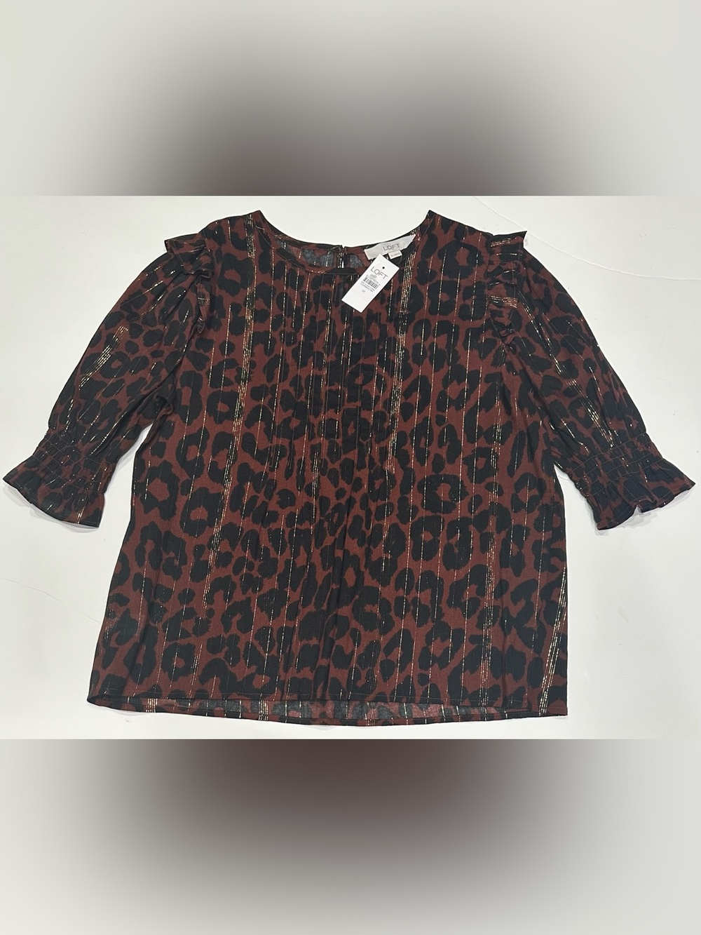 NEW, LOFT Cotton Blend Elbow Sleeve Blouse Ruffle Cheetah Brown, Black, Gold - Picture 12 of 13